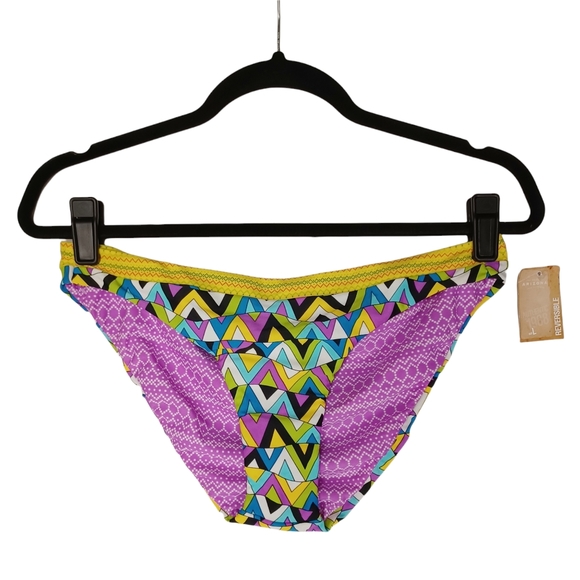 ARIZONA JEANS Reversible Purple Yellow Geometric Print Bikini Bottoms L NWT - Picture 1 of 9